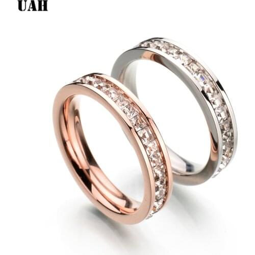 UAH Female Crystal CZ Stone Ring Vintage Stainless Steel Women Wedding Rings Fashion Promise Yellow Gold Engagement Ring