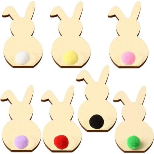 1pc Easter Rabbit Plush tail Wooden Decoration DIY Wood stand Crafts Cute Bunny Easter Ornaments Party Supplies Wood Crafts