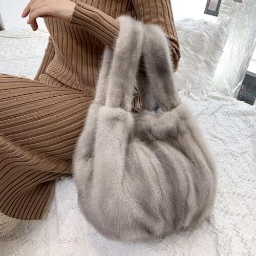 2020 Women Real Fur Handbag Ladies Full-pelt Mink Fur Tote Bag Genuine Sheep Leather Bottom Shopping Bags