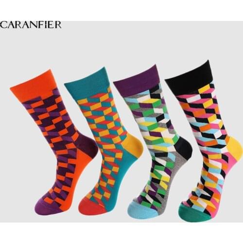CARANFIER 8Pairs Creative Mens Colorful Striped Cartoon Combed Cotton Socks Crew Wedding Gift Casual Crazy Funny Socks