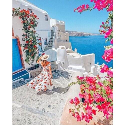 Diamond Painting Greece Scenery DIY White House Blue Sea Scenic Diamond Embroidery Cross Stitch Rhinestone Mosaic Painting