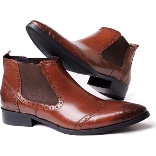 Italian Brand Men Boots Retro Brogue Shoes Winter Genuine Leather Business Wedding Chelsea Boots Slip On Party Prom Man Footwear