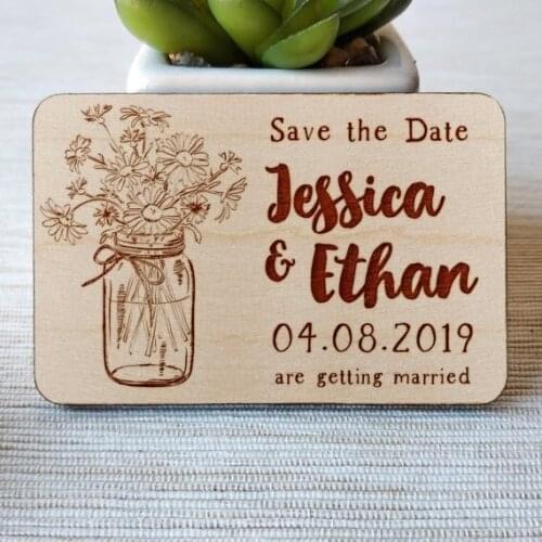 Rustic Floral Mason jar Wooden wedding save the date magnets, Wood save the date magnet, wedding gifts
