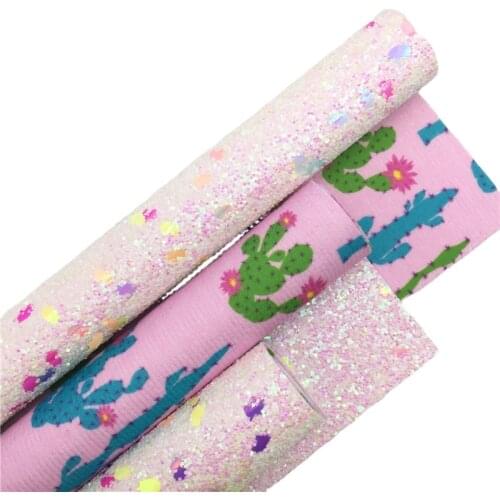 Double Sides Unicorn Chunky Glitter Vinyl Fabric Sheet Felt Backing with Printed Cactus Synthetic Leather Faux Vinil DIY 6S64C