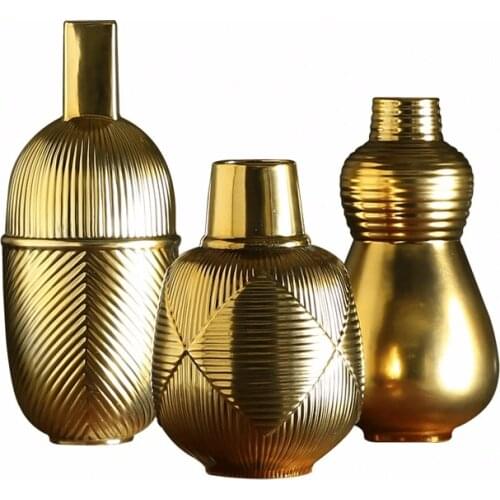 French Vintage Stripe Golden Vase Ceramic Three-Piece Set Modern Living Room Flower Arrangement Dining-Table Decoration Vas