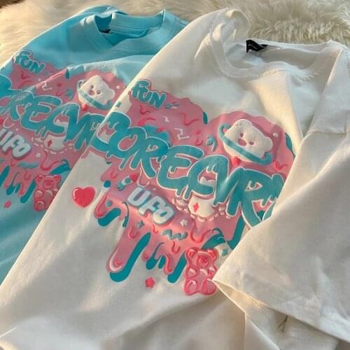T-shirt women loose summer O-neck Female love bear letter printing student jacket retro kawaii y2k girls oversizedShort-sleeved