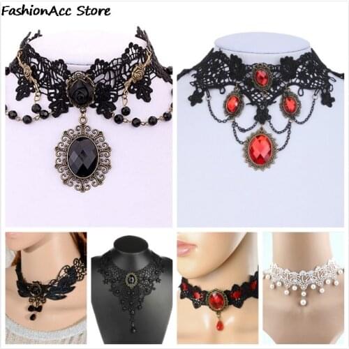 Gothic Punk Style Necklace Gem Decoration Women Black Lace Beads Choker Collar Necklace Chocker Jewelry