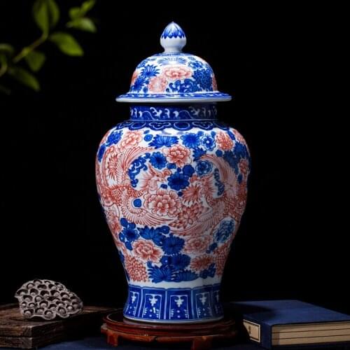 Jingdezhen Antique Hand-painted Blue And White Glazed Red ceramic temple Jar Chinese Decoration Vase porcelain Ginger jar