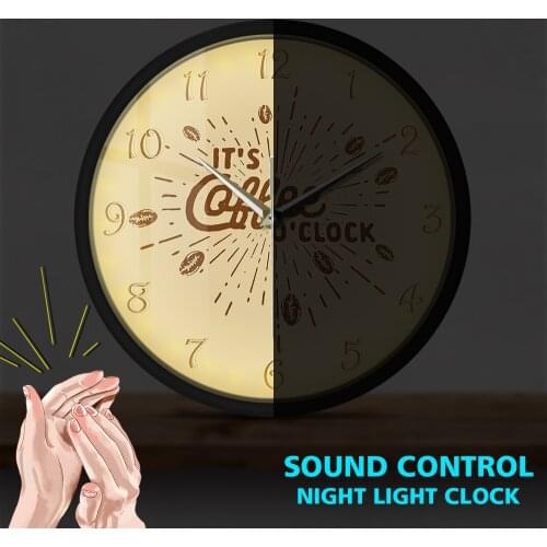 Coffee O'Clock Cafe Beans Metal Frame LED Round Wall Watch Clap Sound Control Clocks Wall Clock for Kitchen Non-ticking Horologe