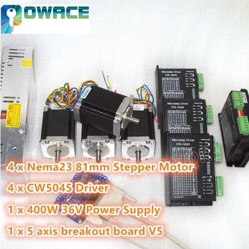 4 Axis Nema23 81mm Stepper Motor Controller Kit 3A 308 oz-in & CW5045 Driver 256 microstep 4.5A&400W 36V Power supply&V5 Board
