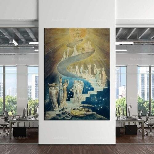 William Blake-Jacobs Dream Ladder, Classical Paintings, Angelica, Biblical Works, Religious Murals, Art Printed Decorative Post
