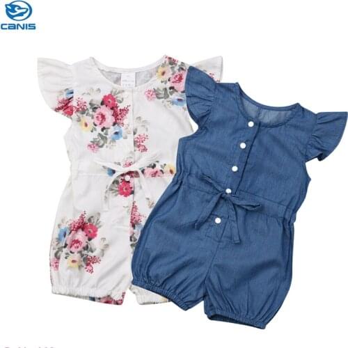 Summer Baby Clothes Girl Kid Fly Sleeve Belt Baby Rompers Jumpsuit Floral/Solid Ruffled New Born Baby Clothes Summer Outfits Set