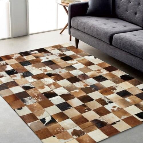 American Style Cowhide Skin Fur Handmade Seamed Patchwork Rug, Fur Chequer Carpet for Living Room, Office Decoration Mat