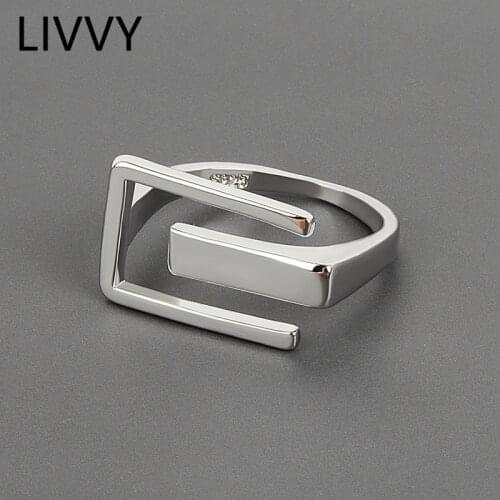 LIVVY Minimalist Silver Color Hollow Out Geometric Ring Adjustable Simple Handmade Opening Finger Fashion Jewelry Couple