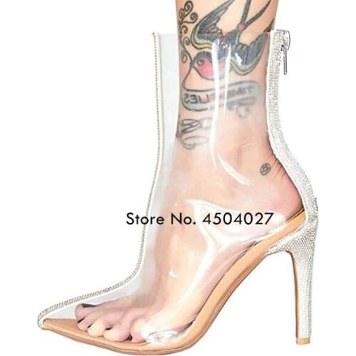 Fashion Transparent PVC Glitter Rhinestone Pointy Toe High Heel Boots Thin Heels Zipper Ankle Woman Boot