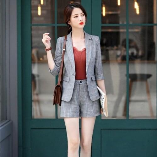 Fashion Casual Ladies Grey Blazer Women Business Suits Work Wear Sets Half Sleeve Jacket Sets Office Uniform Styles