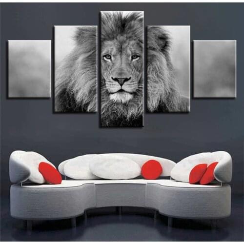 Black And White Animals Modular Canvas Pictures Art 5 Pieces Lion Poster Decor Living Room Wall HD Printing Paintings Framework