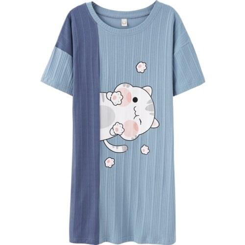 M-3XL Sexy Summer Women Nightdress Casual Home clothing Cotton Short Sleeve Cute Cat Print NIghtgown Thin Blue Dress Sleepwear