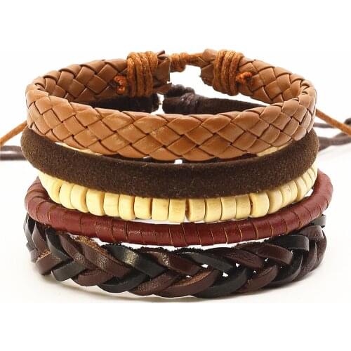 New Punk 4 Pcs/set Beads Wing Charm Handmade Woven Men Leather Bracelets Women Vintage Bangle Male Homme Men Jewelry Accessories