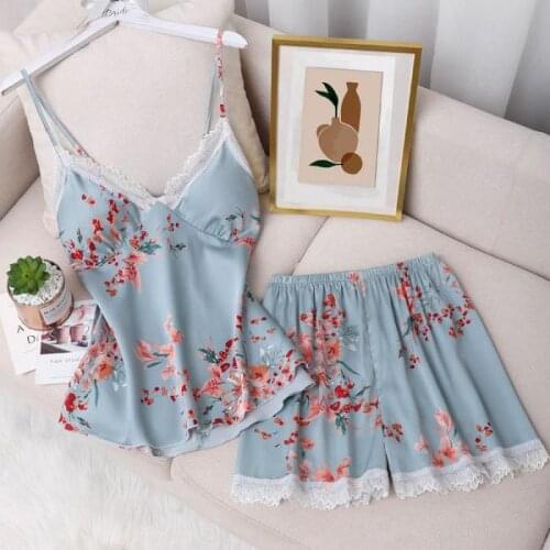 2PCS Strap Top&Shorts Pyjamas Sets Womens Satin Lace Pajamas Sleep Suit With Chest Pads Sleepwear Summer Nightwear Home Wear