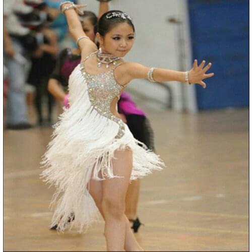 Girls Latin Dance Dress white Tassel Latin Ballroom Costumes Tango Samba Dance Dress Ballroom Fringe Dress Cha Cha Costumes