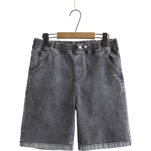 Plus Size XL-4XL Blue Grey Womens High Waist Denim Shorts Elastic Waist Straight Soft Denim Summer Knee Length Shorts