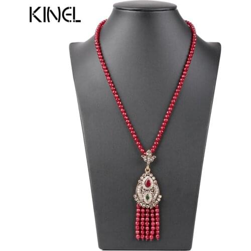 Luxury Africa Bead Long Tassel Pendant Necklace Women Turkish Antique Gold Color Red Crystal Sweater Indian Bijoux 2017 New