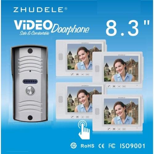 ZHUDELE Luxury 8.3"Display Wired Video Door Phone Touch Key Doorbell&IR 700TVL HD Home Security CCD Camera 1V4 Security Intercom