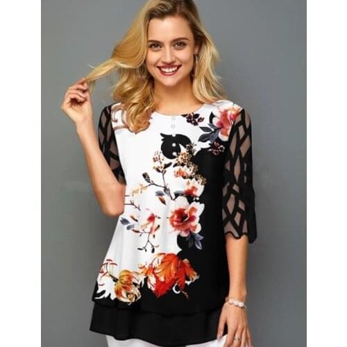 Plus Size 4xl 5XL Shirt Blouse Female 2020 Spring Summer New Tops V-neck Half Sleeve Lace Splice Print Boho Women shirt