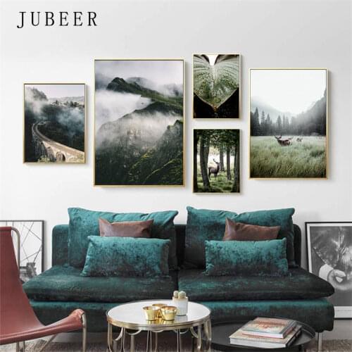Scandinavian Style Landscape Paintings on The Wall Deer Wall Art Mountain Fog Picture for Living Room Decoration Home Poster