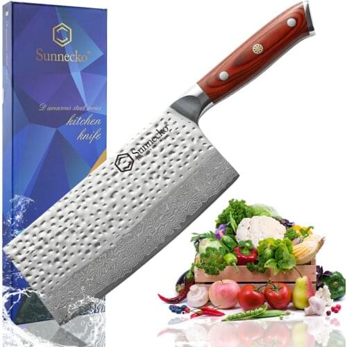 Sunnecko 7" Cleaver Knife Forged Blade 73-Layer Damascus Steel Meat Slicing Cooking Knife Razor Sharp Kitchen Knives Wood Handle