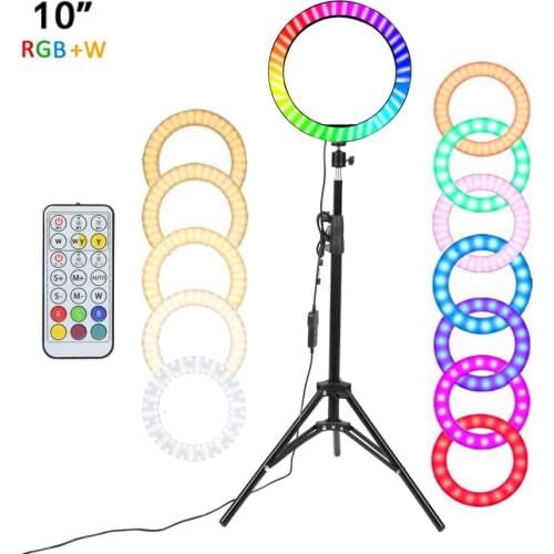 10" RGB LED Ring Light Selfie Photographic Lighting Colorful Ring Lamp Dimmable with Control Stand for TikTok Youtube Vlog Live