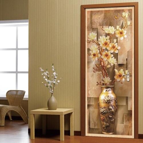 Waterproof Self-adhesive Vinyl Door Sticker 3D Embossed Flower Vase Study Bedroom Door Stickers Wall Mural Wallpaper Decoration