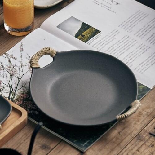 Japanese Retro Ceramic Binaural Dish Plate Outdoor Camping Barbecue Plate Solid Color Stoneware Storage Tray Snack Plate