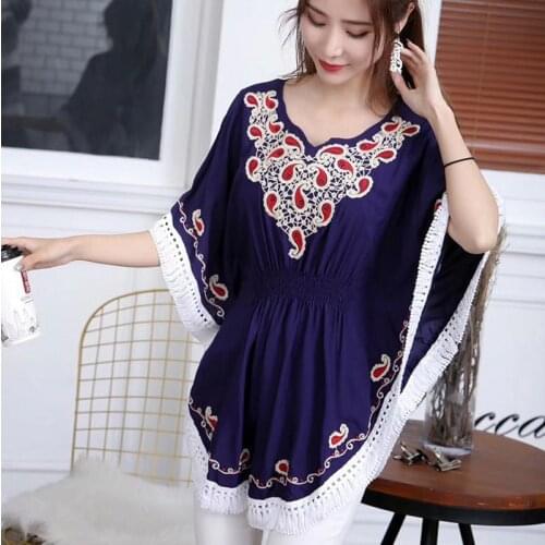 2021 Vintage 70s Mexican Ethnic Floral Embroidered Loose Shirt Tops Batwing Boho Hippie Blouse Blusa Femininas Femme