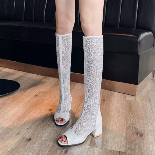 YMECHIC 2019 Rome High Heels Open Peep Toe Air Mesh Women Summer Shoes Beige White Black Female Knee High Riding Boots Plus Size