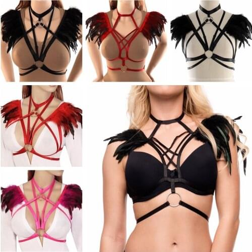 Body Harness Belt Caged Bra Colorful Natural Feather Shrug Shawl Shoulder Cape Gothic Collar Cosplay Angel Wings Party Costume