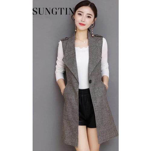 Sungtin Classic Plaid Long Blazer Vest Women Sleeveless Jacket Elegant Office Lady Coat Female Waistcoat Causal Suits Plus Size
