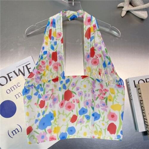 Sexy Crop top Women 2021 Summer New Korean Style Cross-Halterneck Printed Tank Female Holiday Bohemian Beach Tops