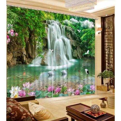 3D Curtain Photo Customize Size Green Scenery Waterfall Swan Lotus Window Curtain Living Room Bathroom Curtain