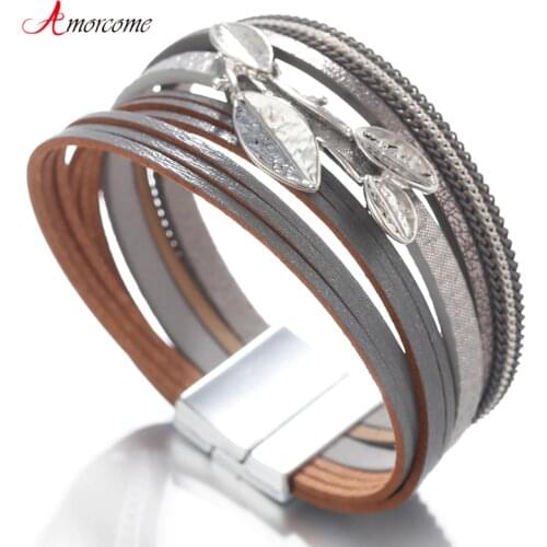 Amorcome Womens Leather Wrap Bracelet Boho Handmade Metal Leaf Charm Stacking Cuff BraceletsFemale Girls Party Jewelry Gift