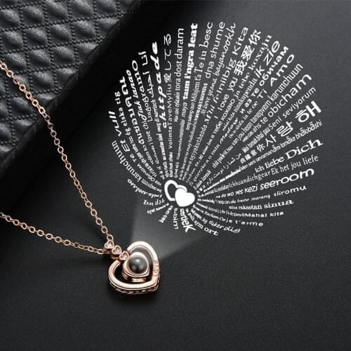 Zircon Heart 100 Languages I Love You Necklaces For Women Lover Rose Gold Silver Color Chain Female Pendant Necklace Jewelry