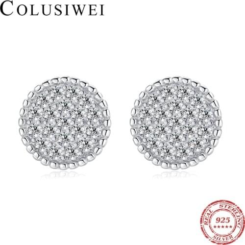 Colusiwei New 925 Sterling Silver Shine Geometric Round Precision Full Zirconia Stud Earrings for Women Weddings Promise Jewelry
