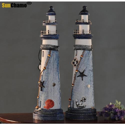 Wood Lighthouse Key Box Mediterranean-style Tower Figurine Model Seagull Shell Crafts Souvenir Gift For Home Decorations