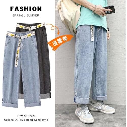 Summer Wash Jeans Retro Streetwear Casual Loose Sports Denim Pants Trend All-match Straight Wide-leg Cropped Trousers With Belt