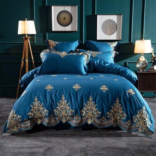European Classic Blue Embroidery Deluxe Bedding Set Egyptian Cotton Large Bed Cover, Down Quilt Set, Bed Sheet, Pillow Cover Set