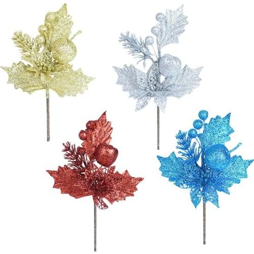 Simulation Glitter Christmas Tree Branch Gold Red Artificial Fruit Leaves Ornaments Wedding Decoration Accessories New Year Gift