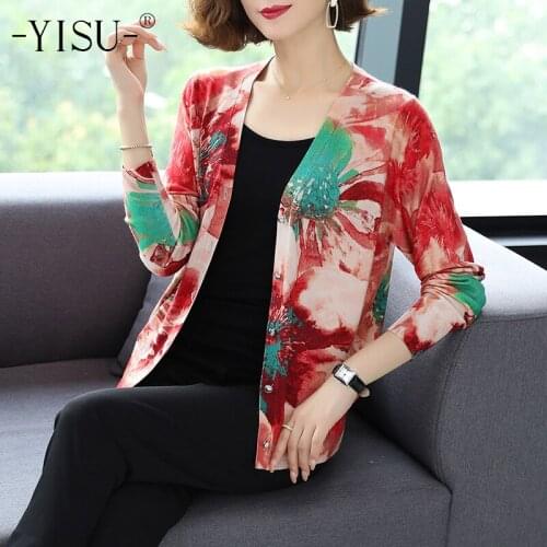 YISU Cardigan Women V-neck Long Sleeve Printed cardigan Coat Autumn Winter fashion Flower Print Sweater Cardigan Women