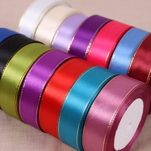 Gold Edge 1 inch (25mm) 25 Yards/Roll Cheap Satin Ribbon For Arts Crafts & Sewing Christmas Wedding Party Gift Wrap Handmade