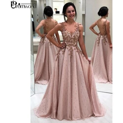 Sweetheart Amazing A-line Appliques Pearls Prom Dresses Long Illusion Backless Floor Length Evening Gown Pink Prom Dress 2020